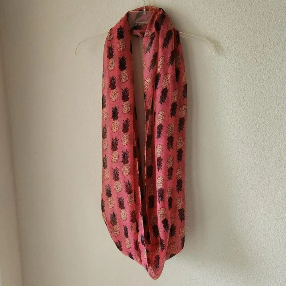 Vintage Y2K women pink & brown gauze scarf pineapples pattern cottage core boho